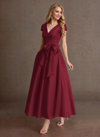 Elegant A-Line V-Neck Cap Sleeves Evening Dresses With Bow(s)/Pockets