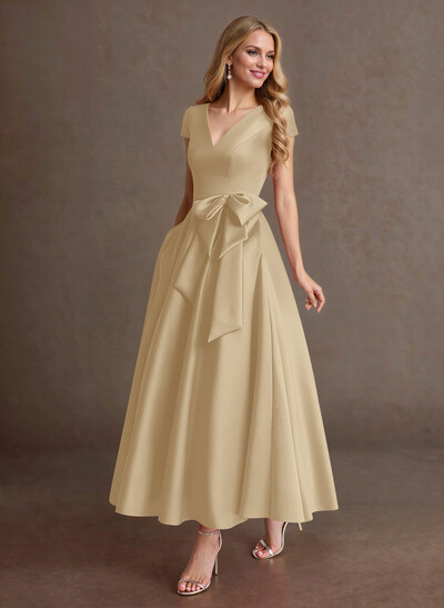 Elegant A-Line V-Neck Cap Sleeves Evening Dresses With Bow(s)/Pockets