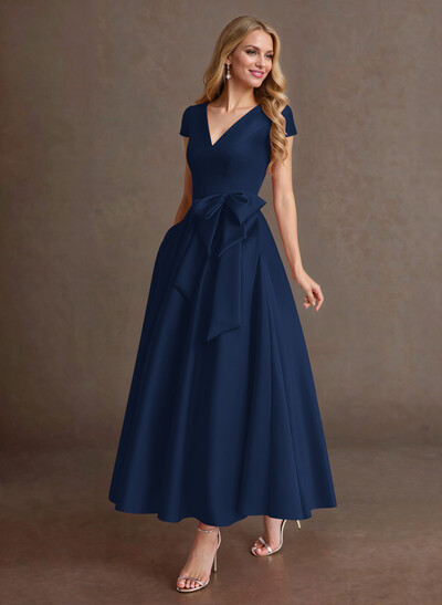 Elegant A-Line V-Neck Cap Sleeves Evening Dresses With Bow(s)/Pockets