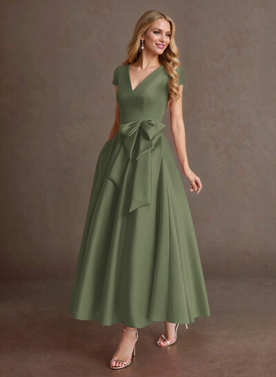 Elegant A-Line V-Neck Cap Sleeves Evening Dresses With Bow(s)/Pockets