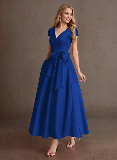Elegant A-Line V-Neck Cap Sleeves Evening Dresses With Bow(s)/Pockets
