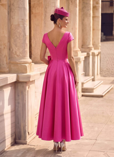 Elegant A-Line V-Neck Cap Sleeves Evening Dresses With Bow(s)/Pockets
