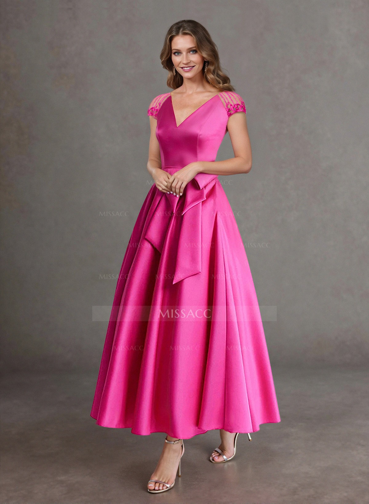 Elegant A-Line V-Neck Cap Sleeves Evening Dresses With Bow(s)/Pockets