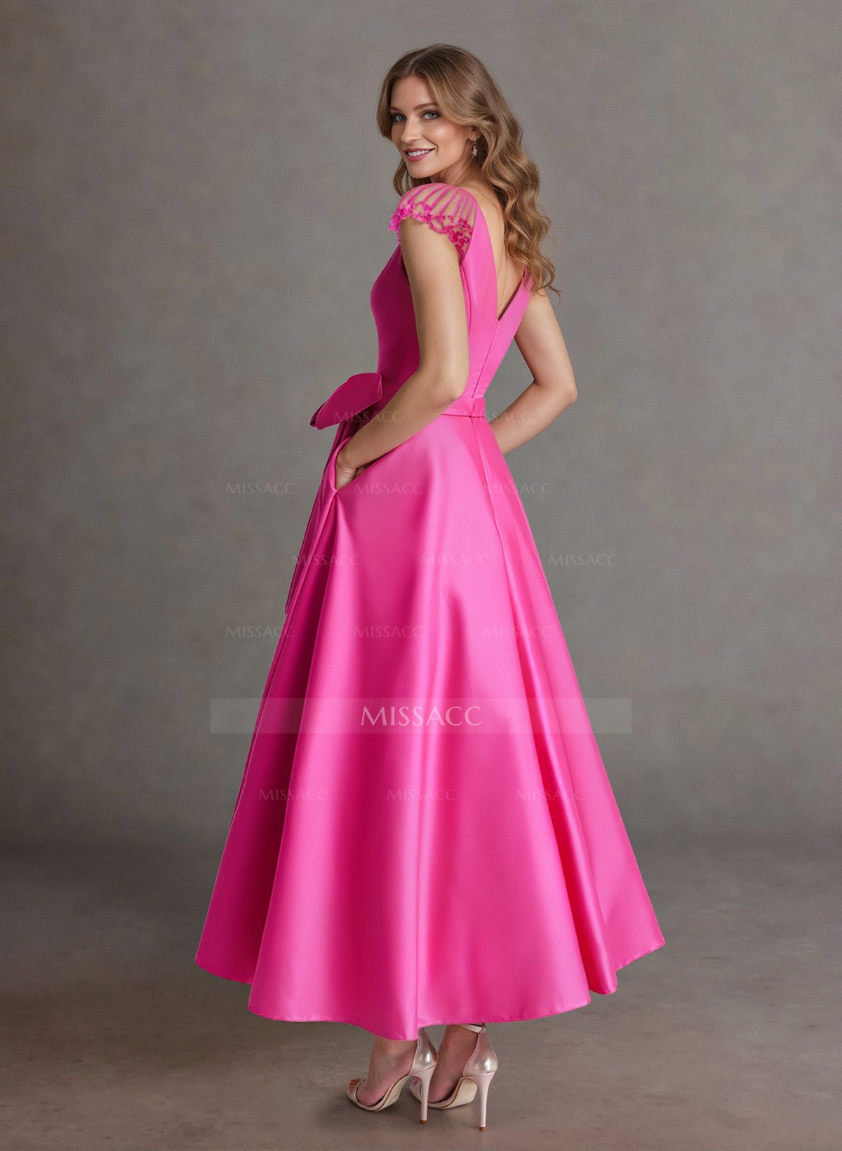 Elegant A-Line V-Neck Cap Sleeves Evening Dresses With Bow(s)/Pockets