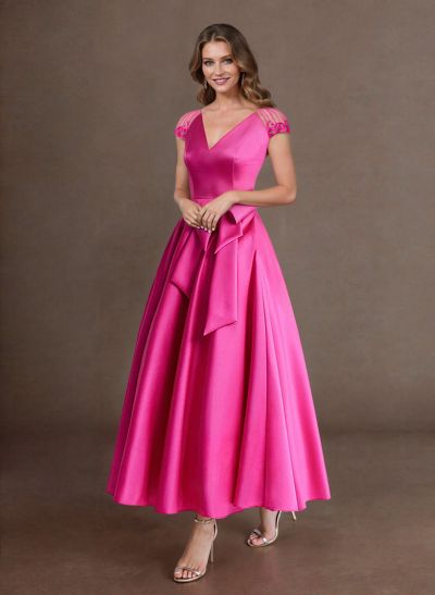 Elegant A-Line V-Neck Cap Sleeves Evening Dresses With Bow(s)/Pockets