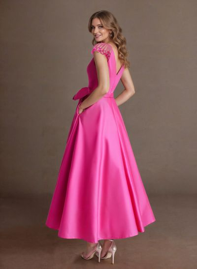 Elegant A-Line V-Neck Cap Sleeves Evening Dresses With Bow(s)/Pockets