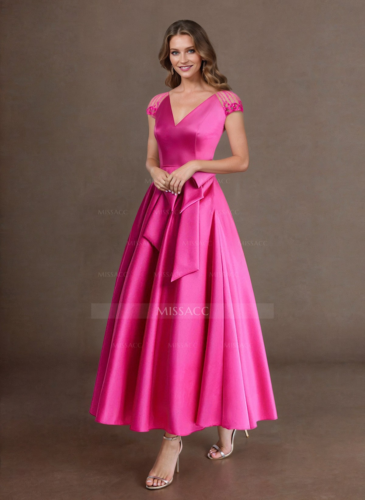 Elegant A-Line V-Neck Cap Sleeves Evening Dresses With Bow(s)/Pockets