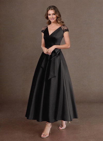 Elegant A-Line V-Neck Cap Sleeves Evening Dresses With Bow(s)/Pockets