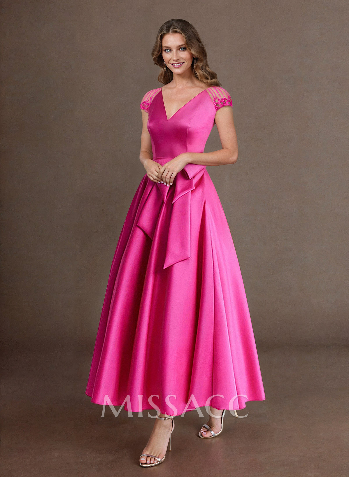 Elegant A-Line V-Neck Cap Sleeves Evening Dresses With Bow(s)/Pockets