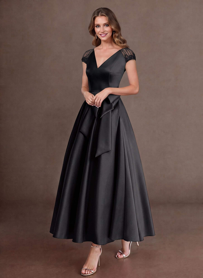 Elegant A-Line V-Neck Cap Sleeves Evening Dresses With Bow(s)/Pockets