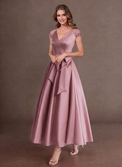 Elegant A-Line V-Neck Cap Sleeves Evening Dresses With Bow(s)/Pockets