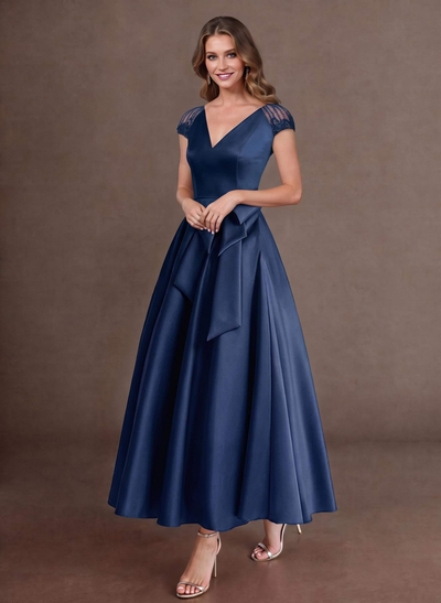 Elegant A-Line V-Neck Cap Sleeves Evening Dresses With Bow(s)/Pockets