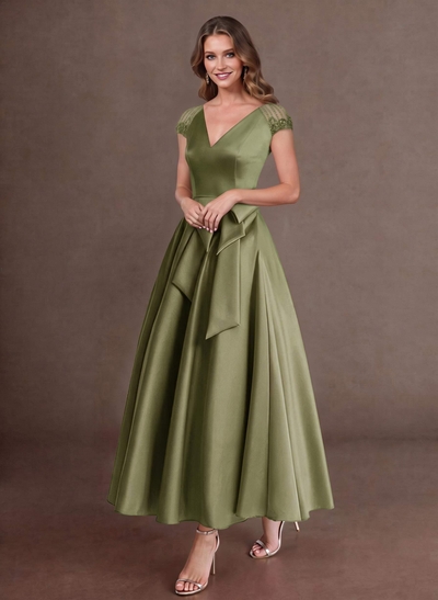 Elegant A-Line V-Neck Cap Sleeves Evening Dresses With Bow(s)/Pockets