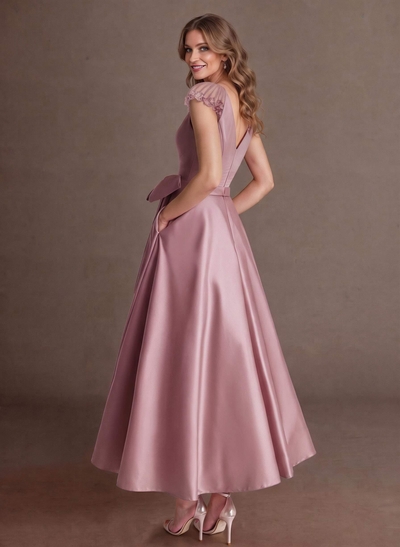 Elegant A-Line V-Neck Cap Sleeves Evening Dresses With Bow(s)/Pockets