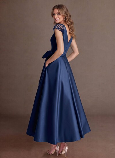 Elegant A-Line V-Neck Cap Sleeves Evening Dresses With Bow(s)/Pockets