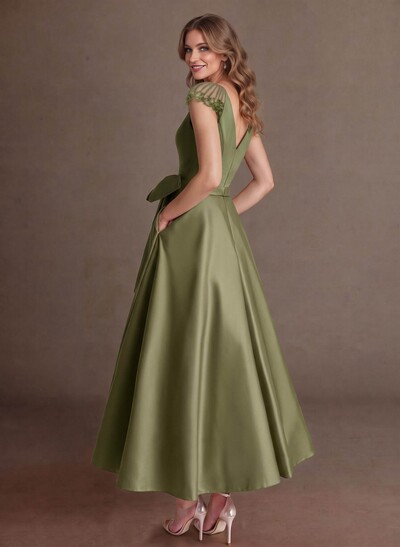Elegant A-Line V-Neck Cap Sleeves Evening Dresses With Bow(s)/Pockets