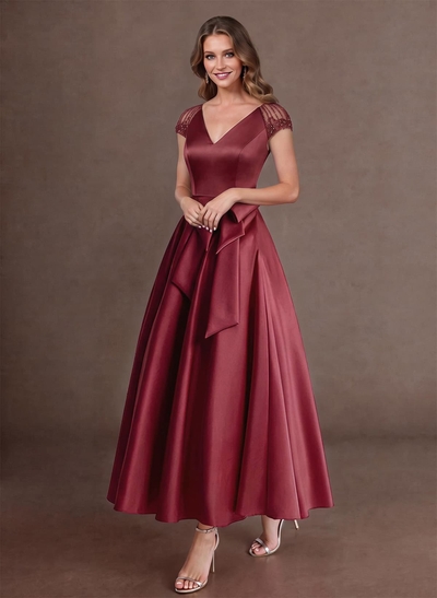 Elegant A-Line V-Neck Cap Sleeves Evening Dresses With Bow(s)/Pockets