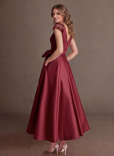 Elegant A-Line V-Neck Cap Sleeves Evening Dresses With Bow(s)/Pockets