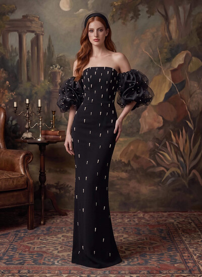 Sheath/Column Detachable Sleeves Satin Evening Dresses With Beading