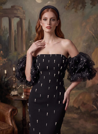 Sheath/Column Detachable Sleeves Satin Evening Dresses With Beading