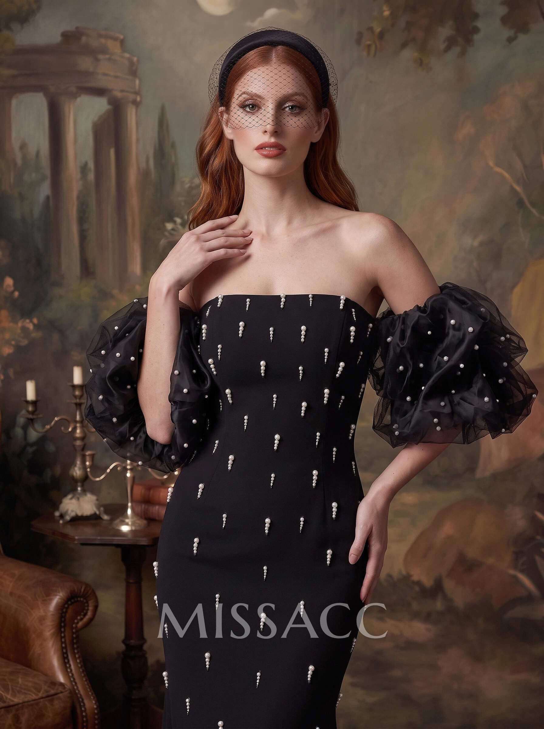 Sheath/Column Detachable Sleeves Satin Evening Dresses With Beading