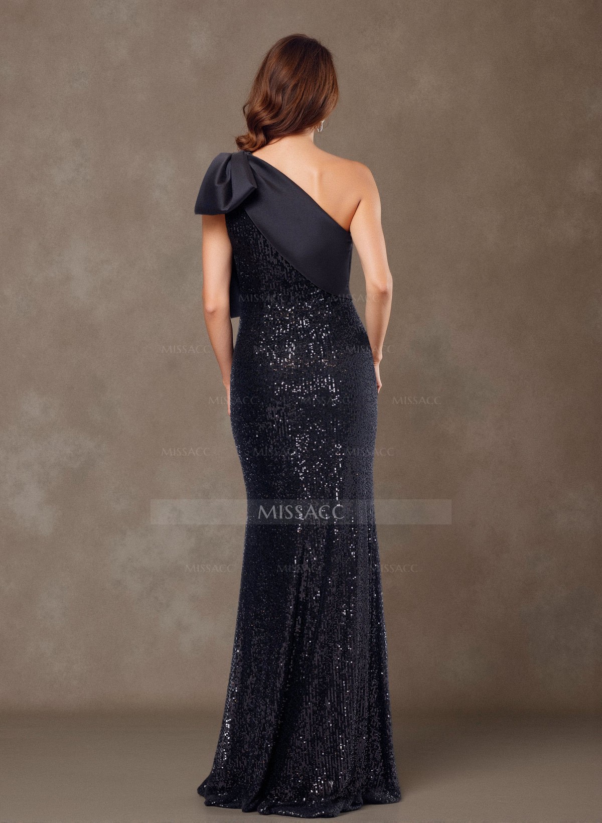 Bedazzled Curve Bow Accented One-Shoulder Satin/Sequined Evening Dresses