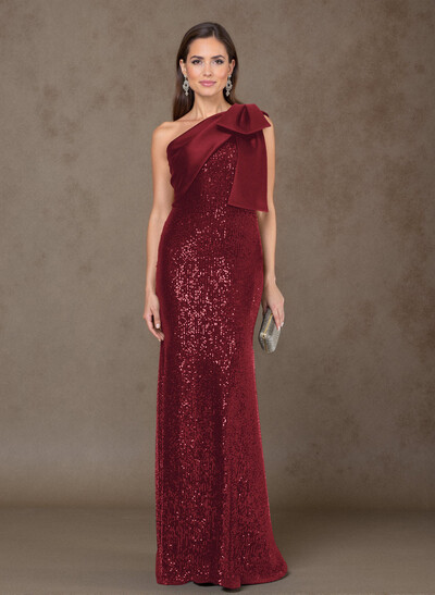 Bedazzled Curve Bow Accented One-Shoulder Satin/Sequined Evening Dresses