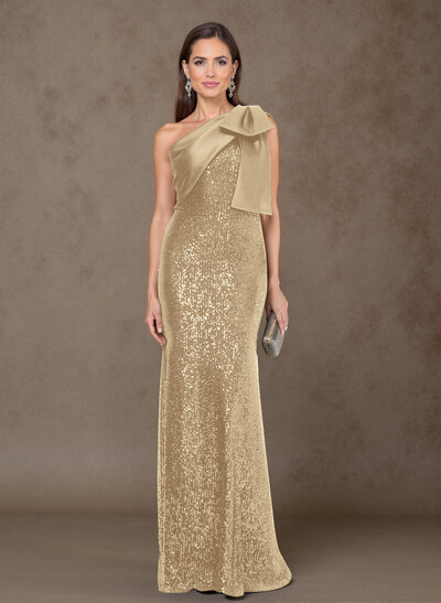 Bedazzled Curve Bow Accented One-Shoulder Satin/Sequined Evening Dresses