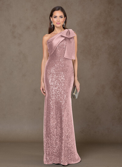Bedazzled Curve Bow Accented One-Shoulder Satin/Sequined Evening Dresses