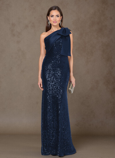 Bedazzled Curve Bow Accented One-Shoulder Satin/Sequined Evening Dresses