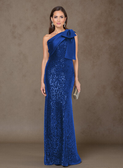 Bedazzled Curve Bow Accented One-Shoulder Satin/Sequined Evening Dresses