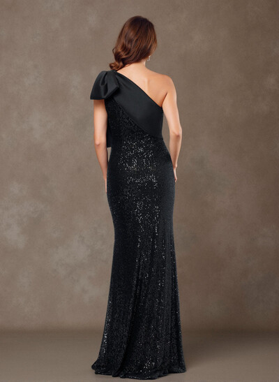 Bedazzled Curve Bow Accented One-Shoulder Satin/Sequined Evening Dresses