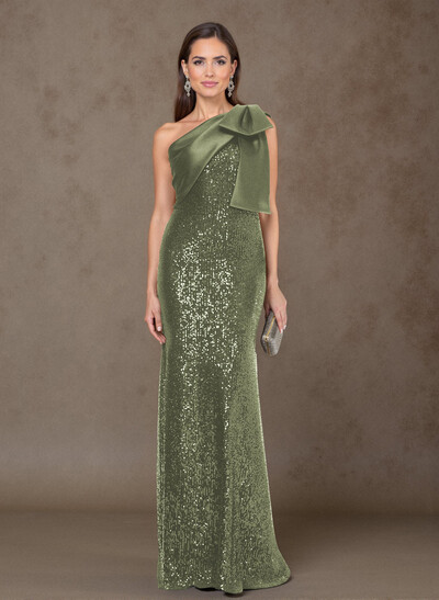 Bedazzled Curve Bow Accented One-Shoulder Satin/Sequined Evening Dresses