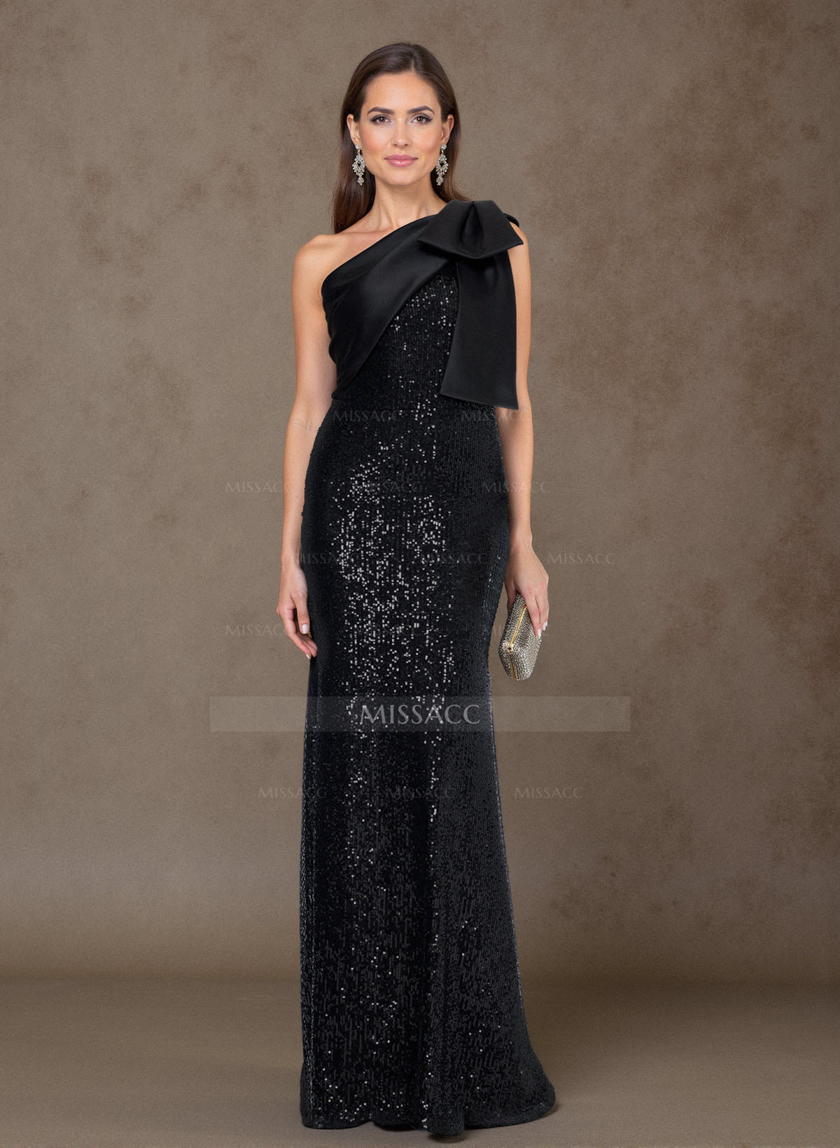 Bedazzled Curve Bow Accented One-Shoulder Satin/Sequined Evening Dresses