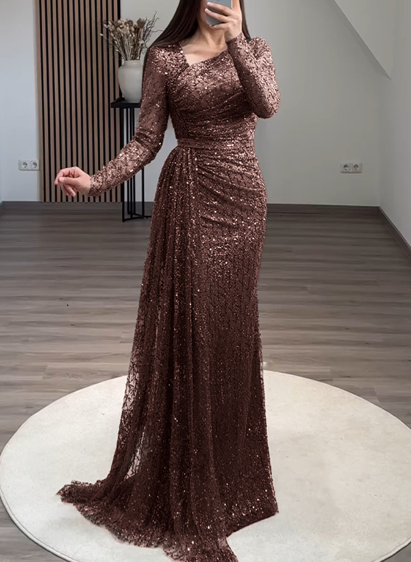 Long Sleeves Sequined Evening Dresses With Sweeping Side Drape