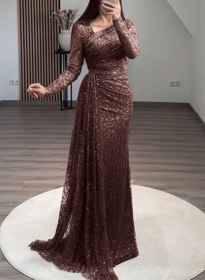 Long Sleeves Sequined Evening Dresses With Sweeping Side Drape