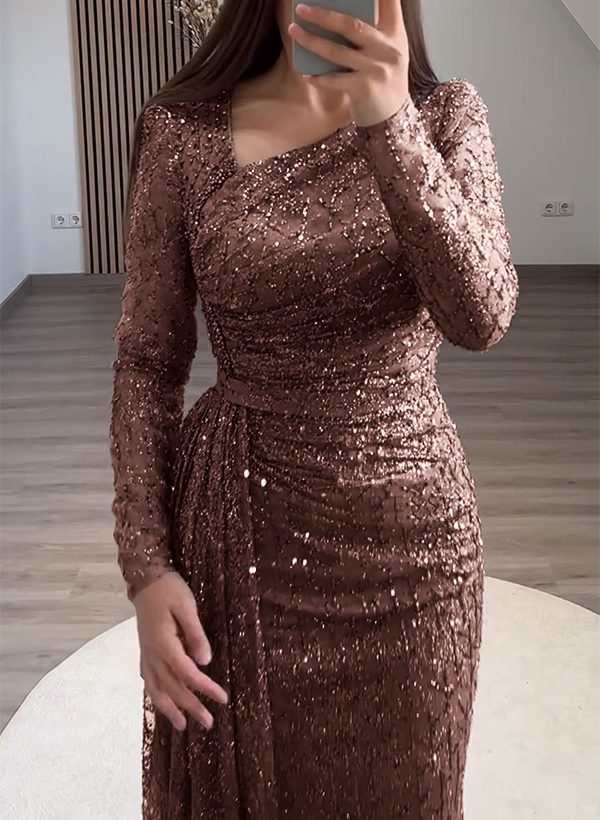 Long Sleeves Sequined Evening Dresses With Sweeping Side Drape