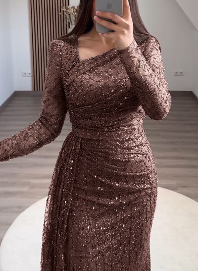 Long Sleeves Sequined Evening Dresses With Sweeping Side Drape