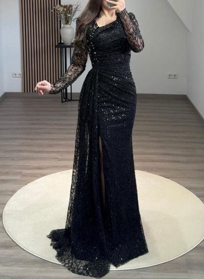 Long Sleeves Sequined Evening Dresses With Sweeping Side Drape