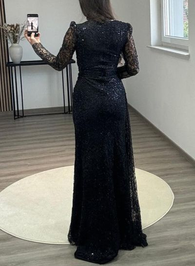 Long Sleeves Sequined Evening Dresses With Sweeping Side Drape