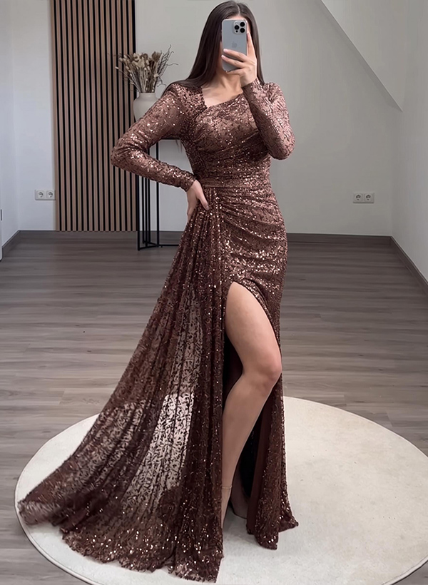 Sheath/Column Long Sleeves Sweep Train Sequined Evening Dresses With High Split/Sweeping Side Drape Sheath/Column Long Sleeves Sweep Train Sequined Evening Dresses With High Split/Sweeping Side Drape