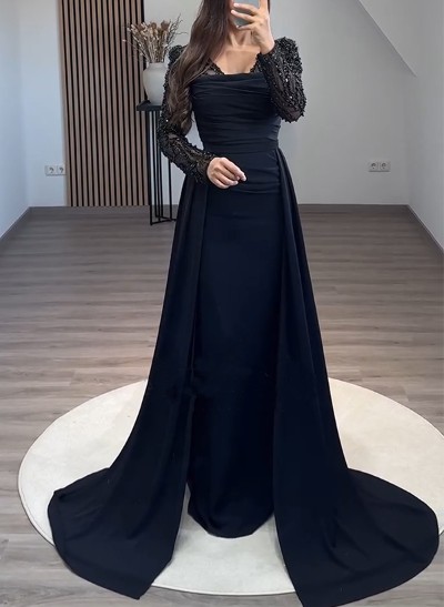 Sheath/Column Long Sleeves Sweep Train Satin Evening Dresses