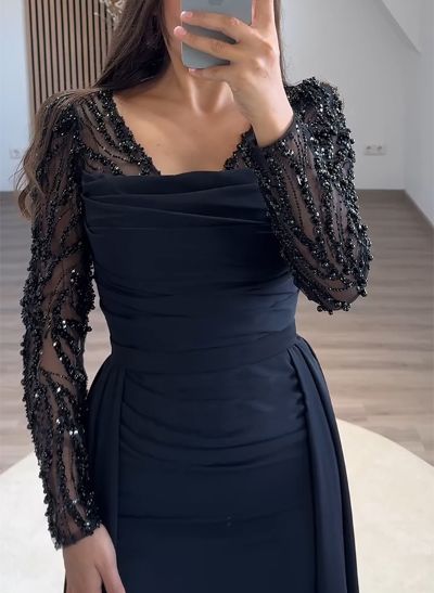 Sheath/Column Long Sleeves Sweep Train Satin Evening Dresses