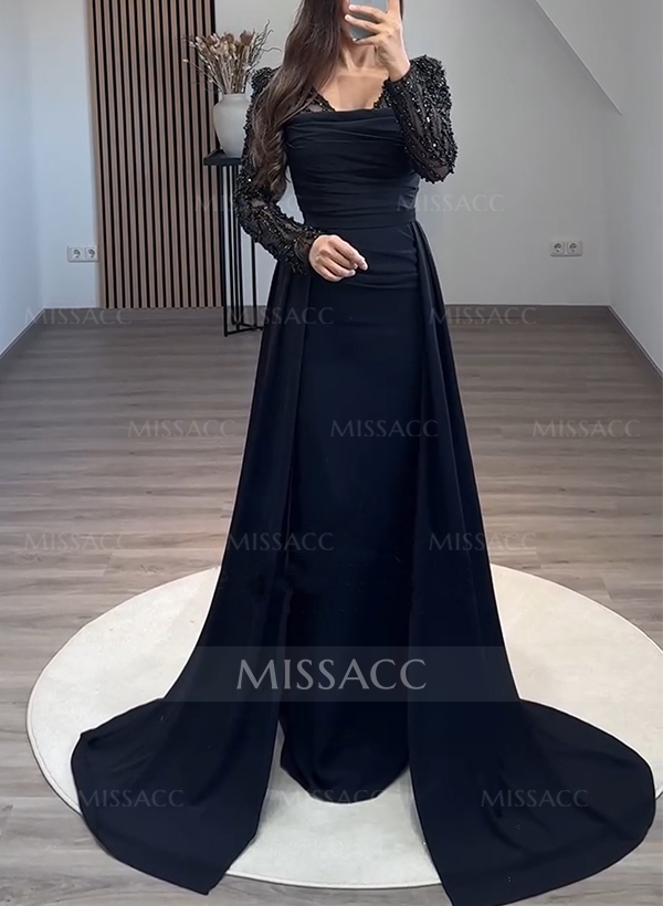 Sheath/Column Long Sleeves Sweep Train Satin Evening Dresses