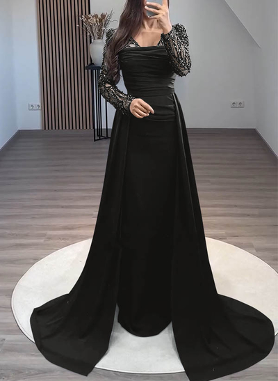 Sheath/Column Long Sleeves Sweep Train Crepe Satin Evening Dresses