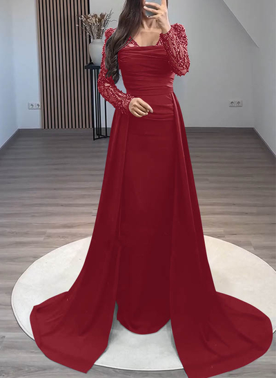 Sheath/Column Long Sleeves Sweep Train Crepe Satin Evening Dresses
