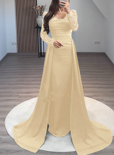Sheath/Column Long Sleeves Sweep Train Crepe Satin Evening Dresses