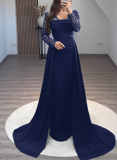 Sheath/Column Long Sleeves Sweep Train Crepe Satin Evening Dresses