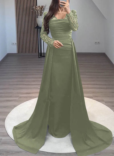 Sheath/Column Long Sleeves Sweep Train Crepe Satin Evening Dresses