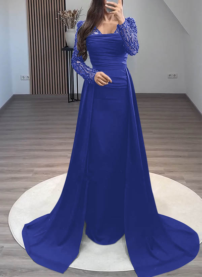 Sheath/Column Long Sleeves Sweep Train Crepe Satin Evening Dresses